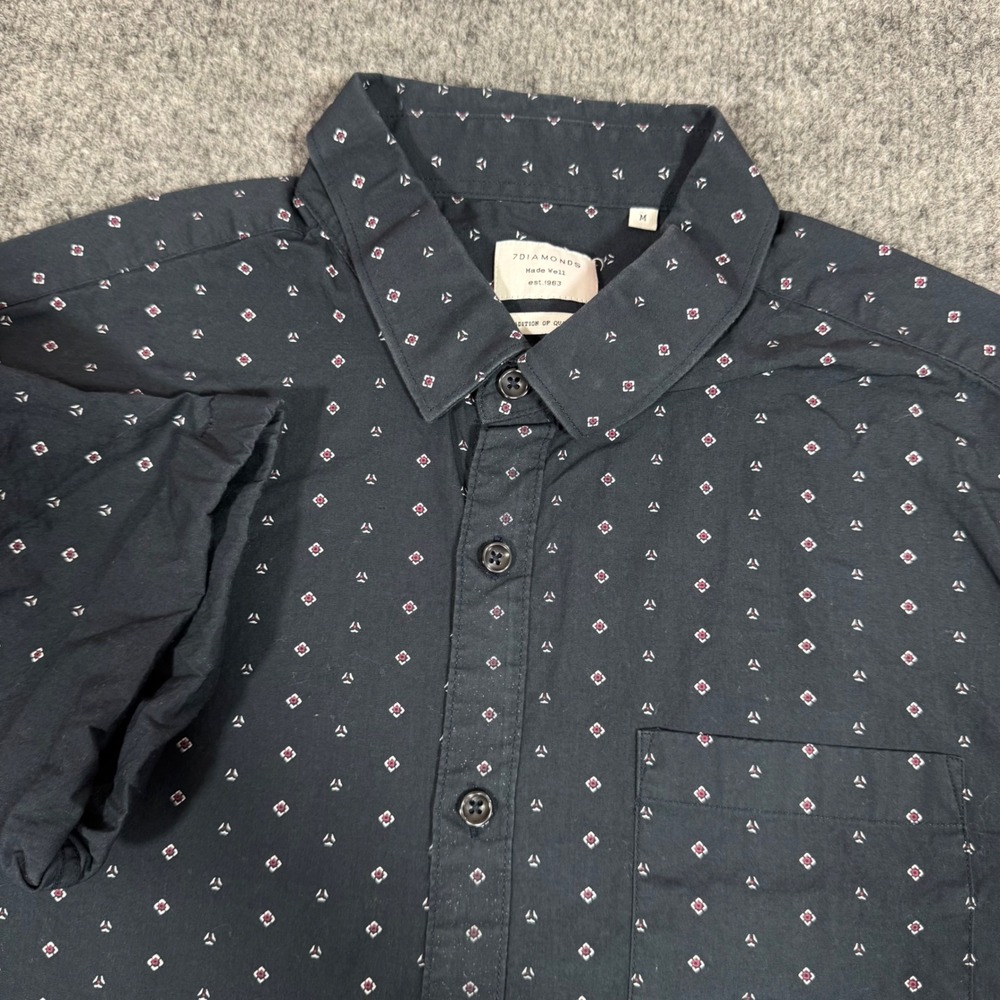 7 Diamonds Button Down Short Sleeve Geometric Mens Size M Navy Blue Cotton EUC